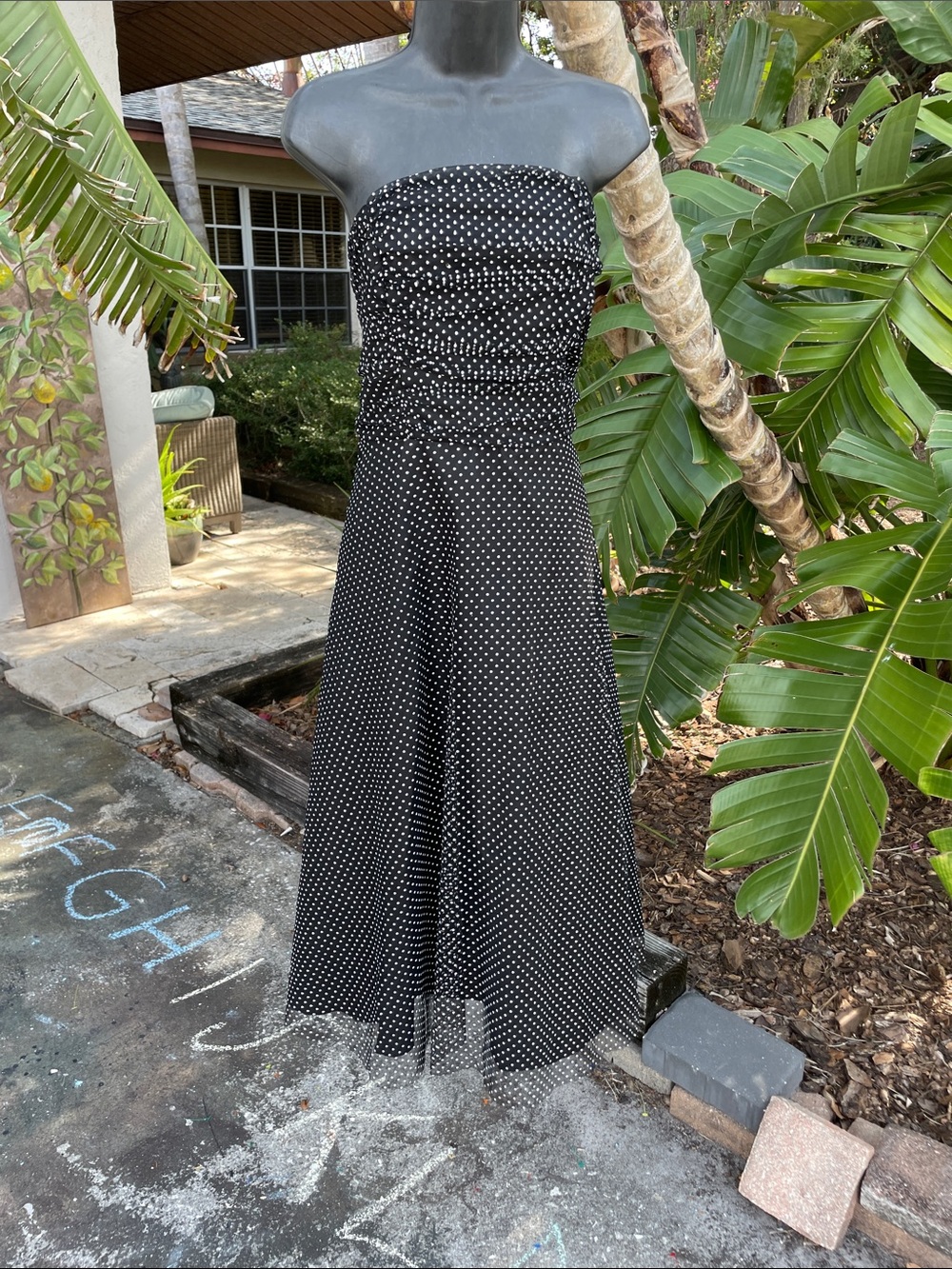 strapless, polkadot, sheer, organza, fit, and flare mid dress